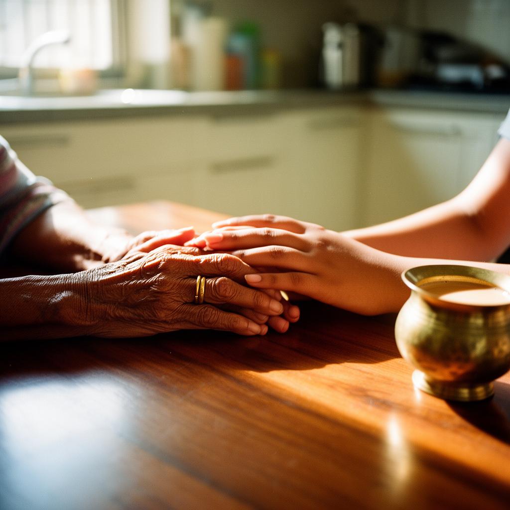 Two hands resting on a kitchen table in a Greater Kailash home
